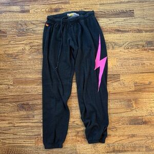 Aviator Nation Black Sweatpants with Pink Lightning Bolt